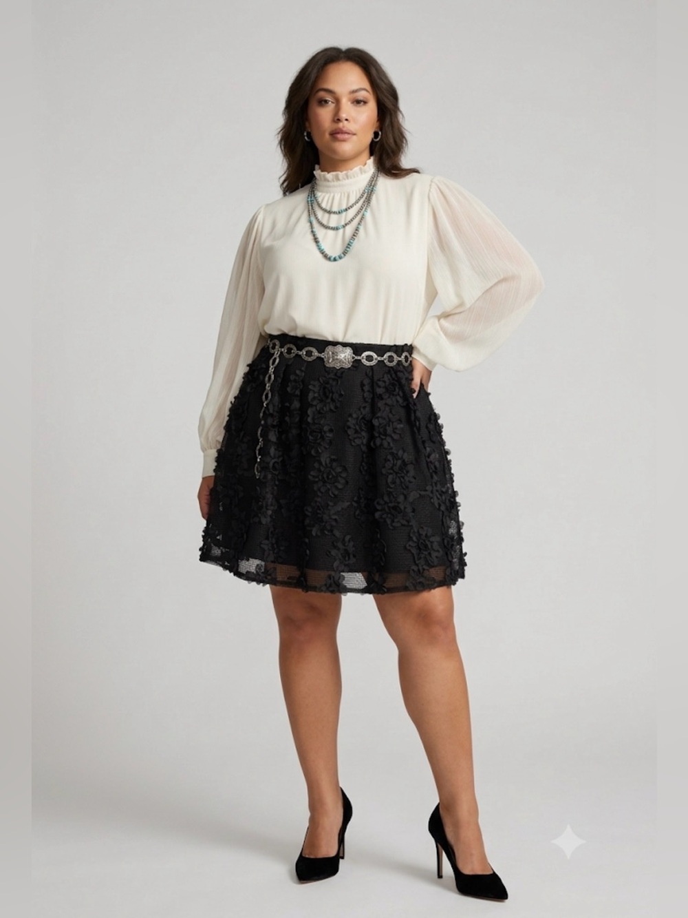 Worthington Black 3D Floral Mesh A-Line Skirt Women’s Plus Size 20T